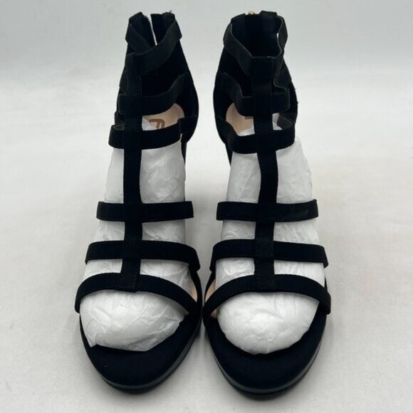 FSJ Black Chunky High Heel Sandals Open Toe T-Strap Cutout Back Zipper Shoes - Picture 3 of 8